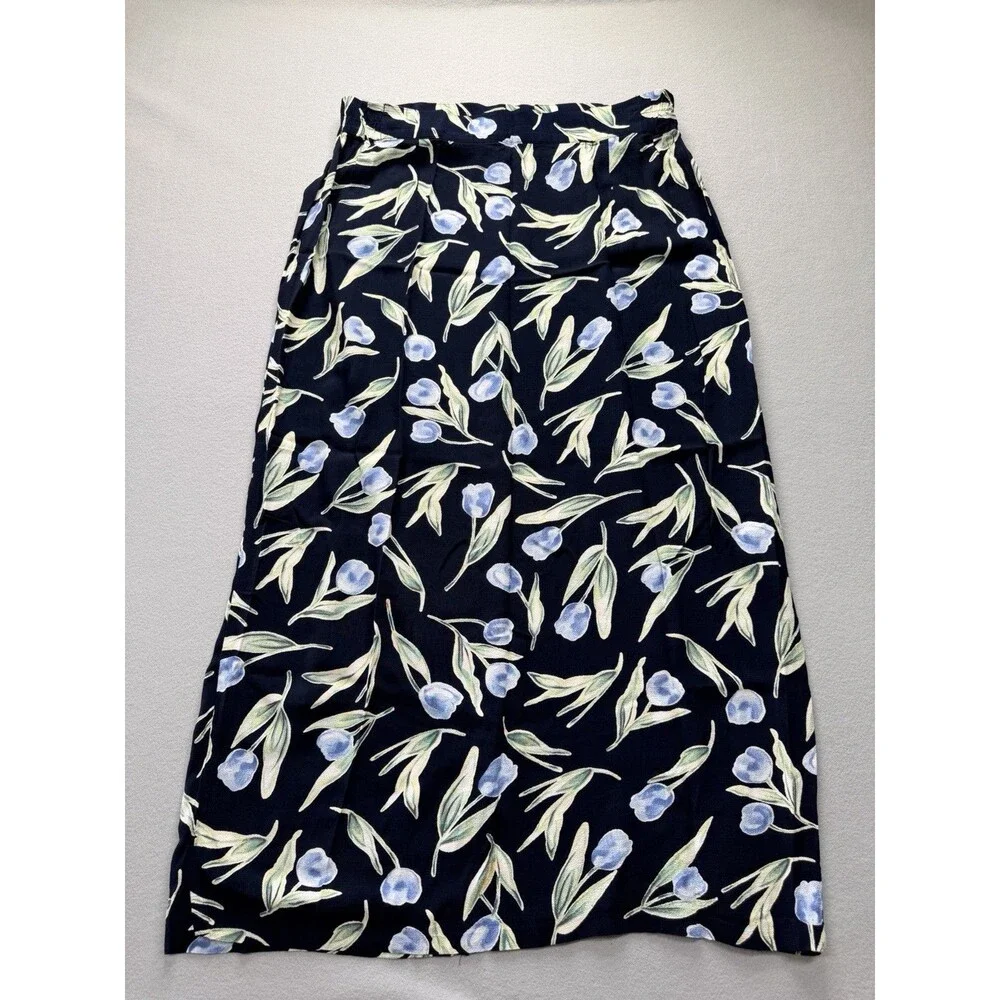 Hillard & Hanson Women’s 1X Blue Floral Rayon Maxi Skirt Made in USA Plus